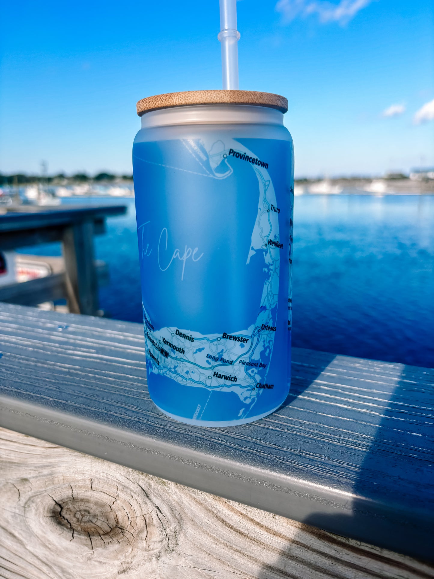 Cape Cod Frosted Can Glass with Bamboo Lid and Straw