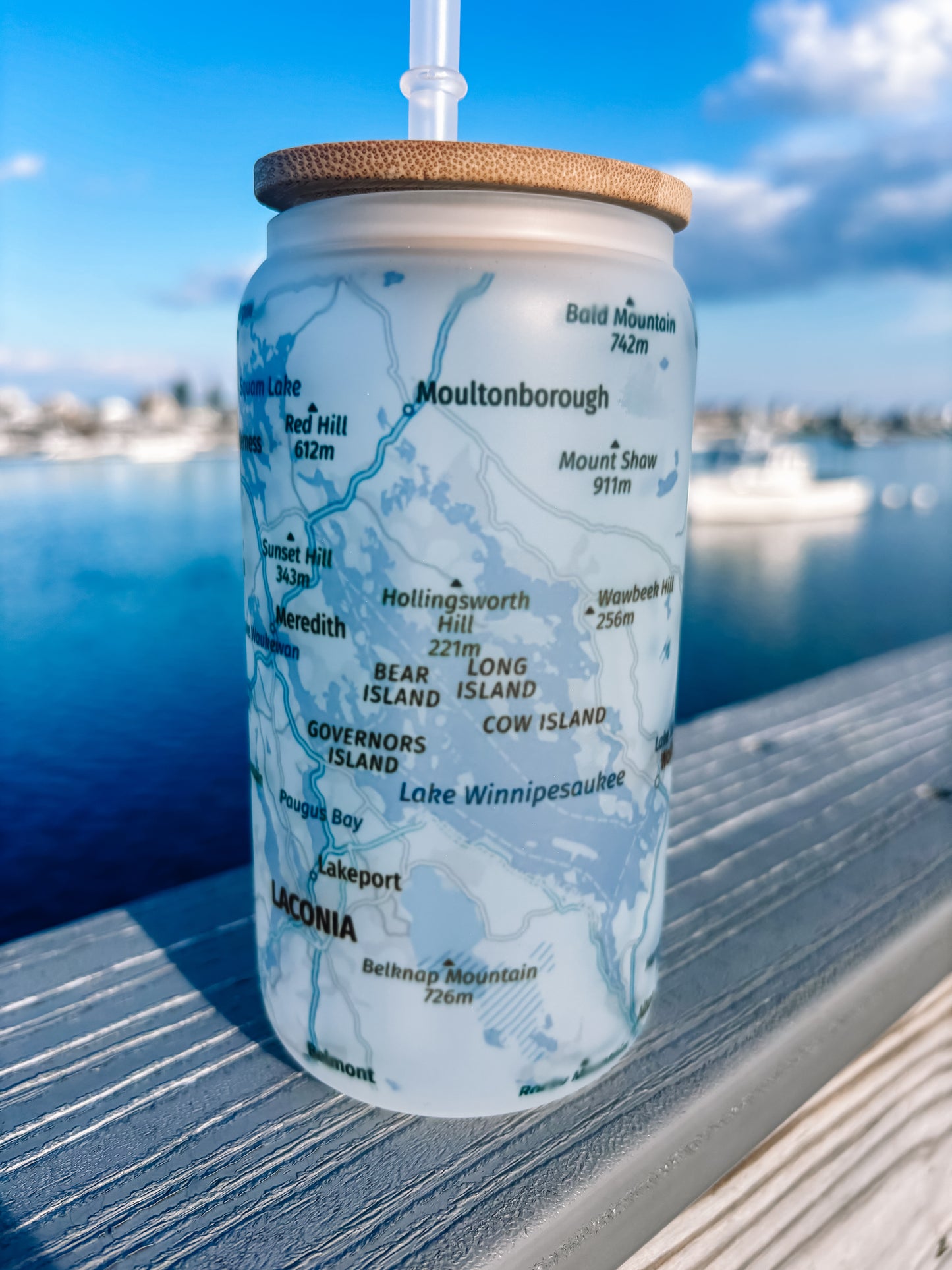 Lake Winnipesaukee Frosted Can Glass – 16oz with Bamboo Lid