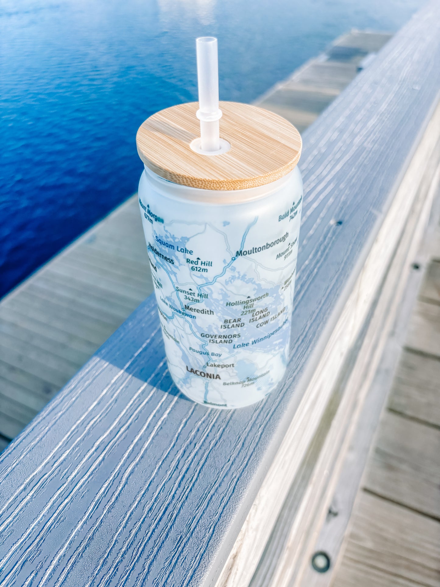 Lake Winnipesaukee Frosted Can Glass – 16oz with Bamboo Lid