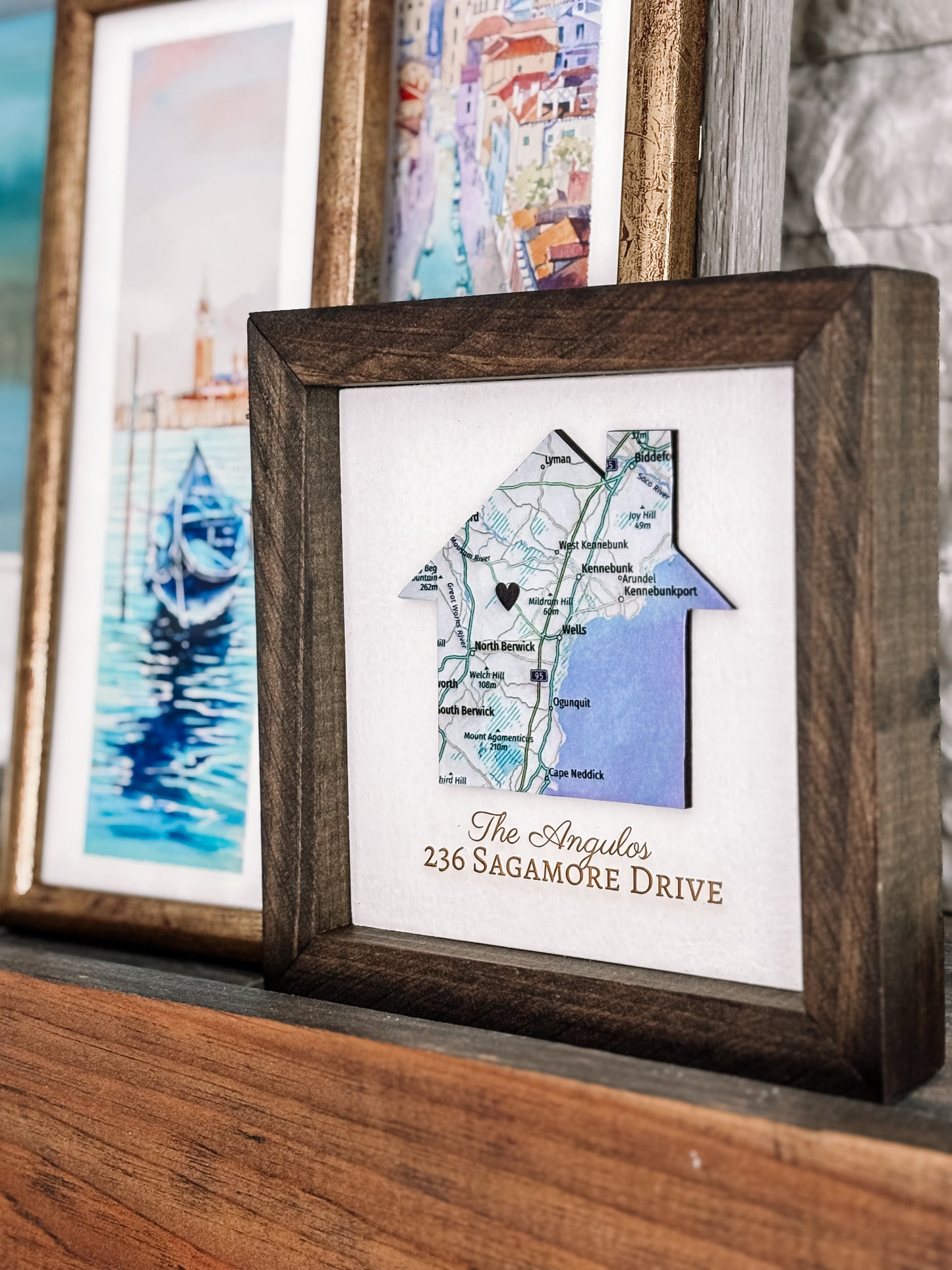 Handcrafted Housewarming House map with engraved name and address art sign