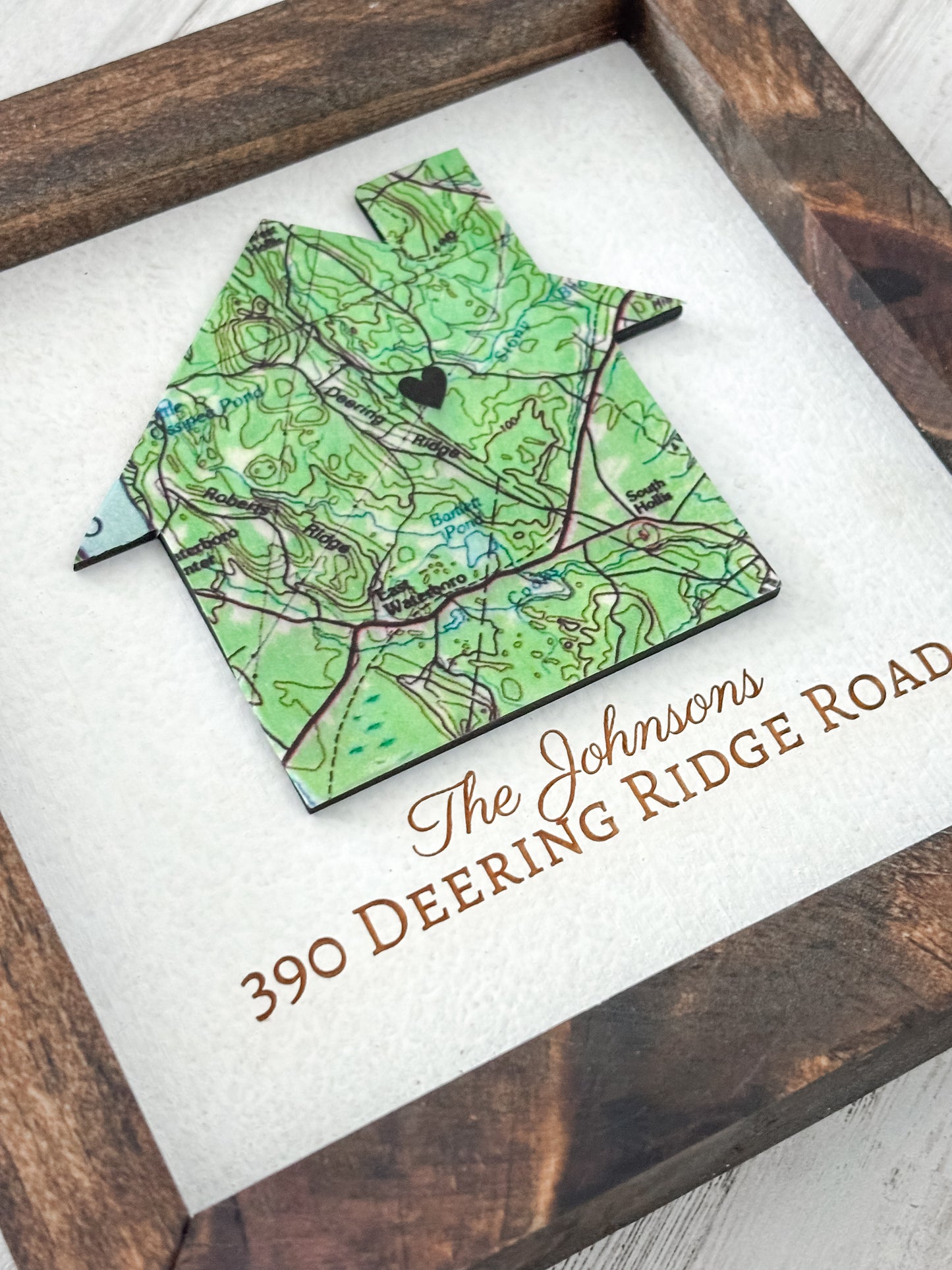 Handcrafted Housewarming House map with engraved name and address art sign