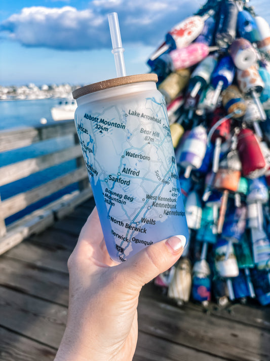 Maine map frosted can glass: Southern Maine, Midcoast to Acadia and Sebago!