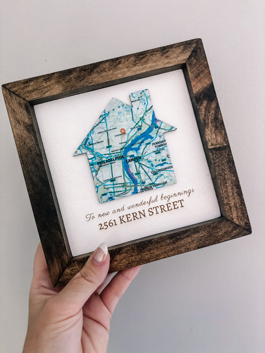 Handcrafted Housewarming House map with engraved name and address art sign